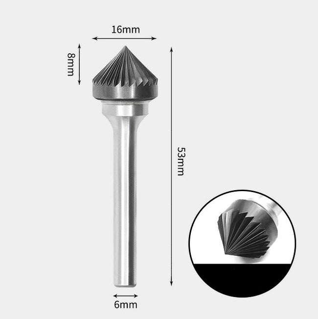 16 x 8mm 90度 テーパー型 シングルカット シャンク径 6mm 超硬 ロータリーバー リュータービット 超硬バー