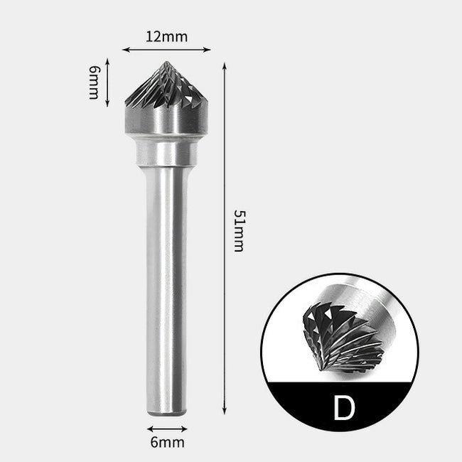 12 x 6mm 90度 テーパー型 ダブルカット シャンク径 6mm 超硬 ロータリーバー リュータービット 超硬バー