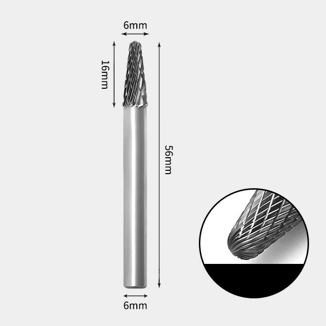 6 x 16mm ツクシ型 ダブルカット シャンク径 6mm 超硬 ロータリーバー リュータービット 超硬バー