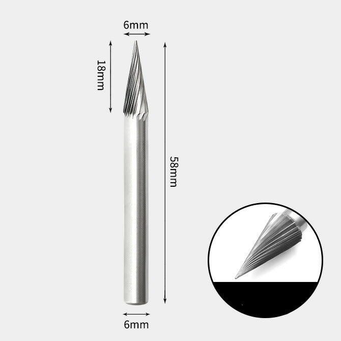 6 x 18mm コーン型 シングルカット シャンク径 6mm 超硬 ロータリーバー リュータービット 超硬バー