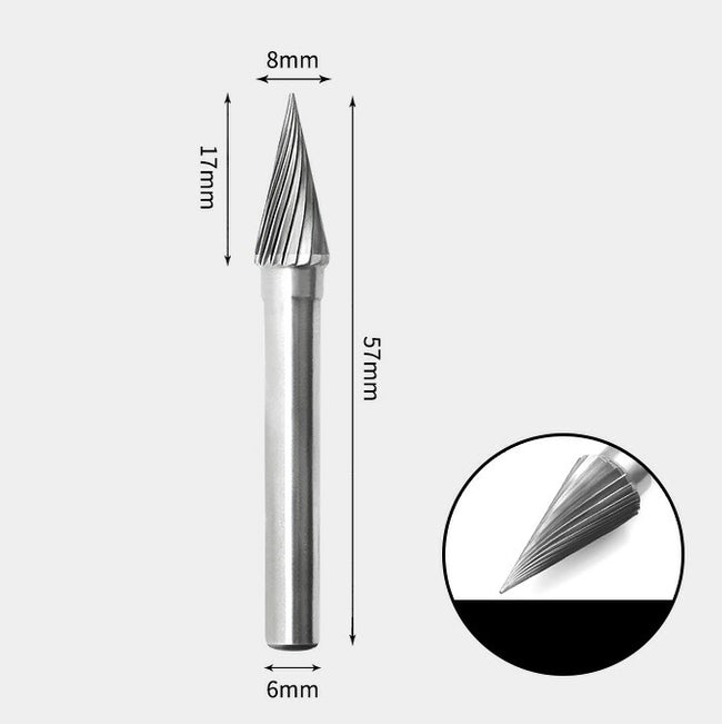 8 x 17mm コーン型 シングルカット シャンク径 6mm 超硬 ロータリーバー リュータービット 超硬バー