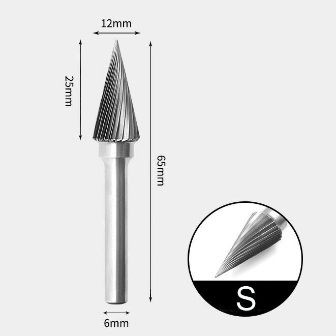 12 x 25mm コーン型 シングルカット シャンク径 6mm 超硬 ロータリーバー リュータービット 超硬バー