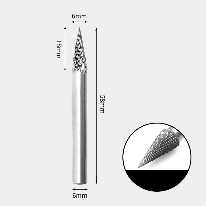 6 x 18mm コーン型 ダブルカット シャンク径 6mm 超硬 ロータリーバー リュータービット 超硬バー